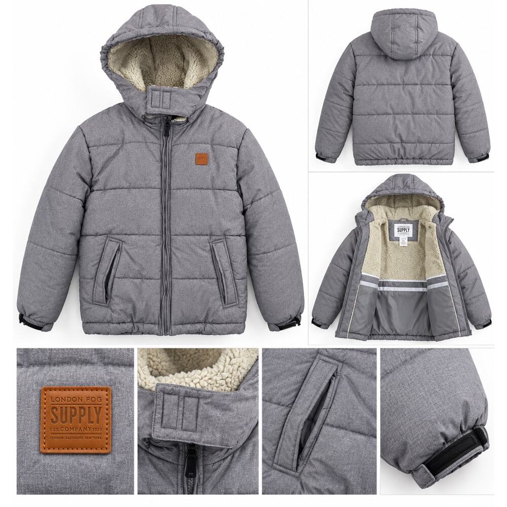London Fog Supply Boys L 14-16 Gray Sherpa Lined Hooded Puffer Winter Jacket - Picture 2 of 12